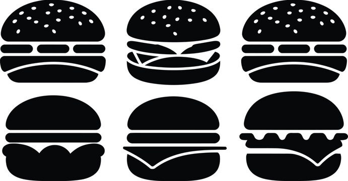 Minimalist hamburger burger icon collection, black silhouette fast food vector set, modern restaurant logo design elements