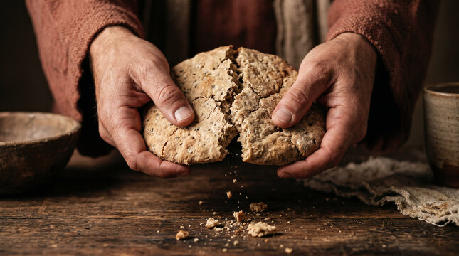 Man holds bread during Last Supper, with disciple men on table. Biblical scene for Easter, Christian church, resurrection concept