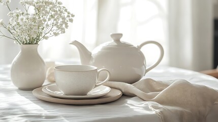 Fototapeta premium White teapot and cup set on table with flowers in bright natural light