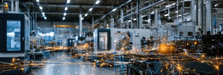 Fototapeta premium AI agents modify production settings in a digital manufacturing floor, connecting machines through glowing threads in a dark industrial space.