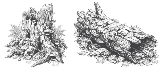 Vintage Engraved Forest Tree Stump and Log Collection. Classical Hand Drawn Wood Art for Nature Conservation Branding, Game Assets, and Wilderness Prints. © Aglonema