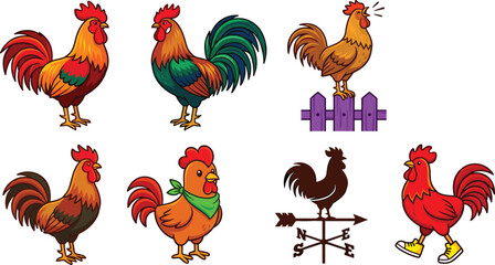 Rooster and Cockerel Farm Bird Vector Icon Set Featuring Colorful Poultry Crowing on Fence Weather Vane and Cartoon Chicken Characters with Scarf and Shoes © Sufea