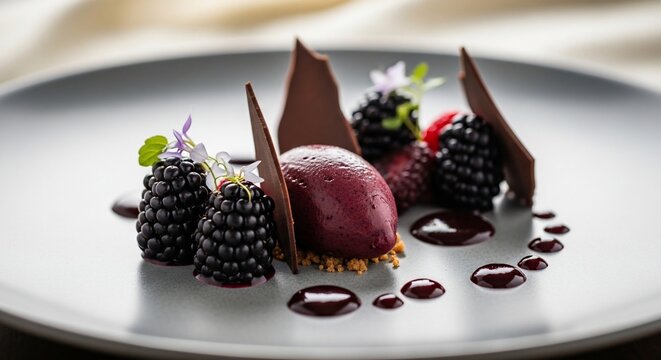 Gourmet dessert arrangement with dark chocolate berries and sauce on plate