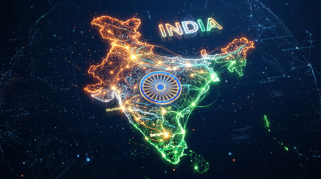 Futuristic digital map of India with glowing network lines and data points.