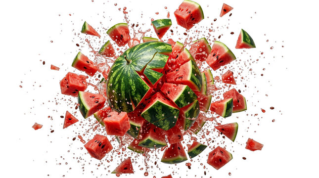Exploding watermelon with juice splash, flying red fruit chunks and green rind pieces, dynamic summer fruit explosion for beverage advertising isolated PNG with Transparent Background