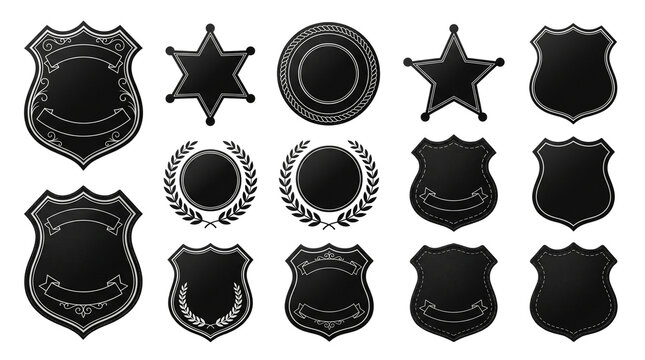 Black police badge collection, 14 blank sheriff star and shield icons, metallic security emblems with laurel wreaths and ribbons for law enforcement isolated PNG with Transparent Background