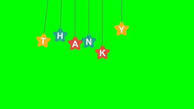 Colorful star-shaped hanging tags spelling Thank You swinging gently on a green screen background, perfect for creative retail video endings, presentation outros, or vlog credits