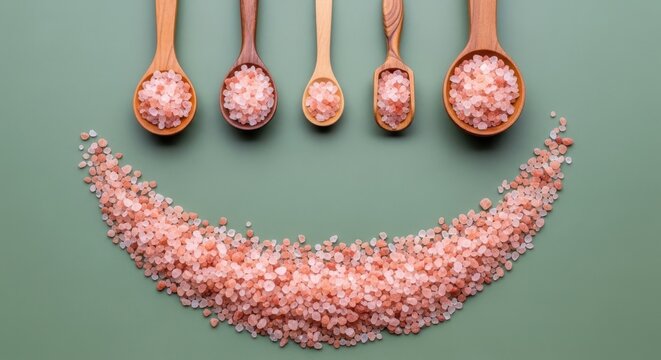 Himalayan pink salt in wooden spoons arranged in a smile shape on a green background