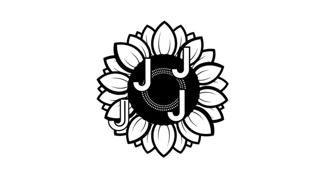 Circular sunflower icon featuring three letters J.