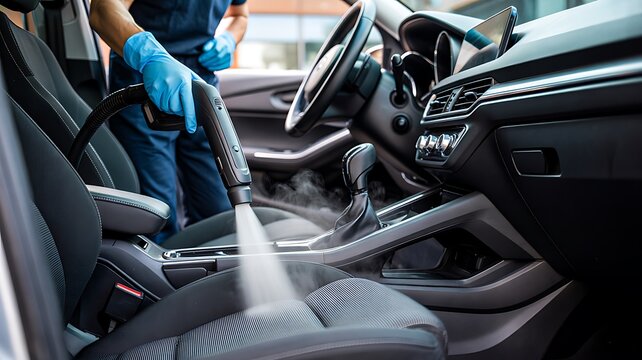 Professional car interior cleaning and sanitization service with vacuum equipment