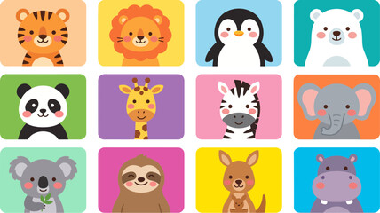 Naklejka premium Colorful set of cute animal portraits rendered as a flat vector graphic illustration with vibrant backgrounds and whimsical character designs