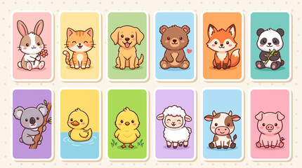 Fototapeta premium Twelve adorable cartoon animal characters arranged in colorful vertical panels for this charming vector graphic set of cute forest creatures