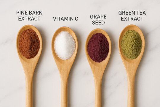 Four wooden spoon holding colorful powder supplement, pine bark extract, vitamin C, grape seed, green tea extract flat lay on white marble surface