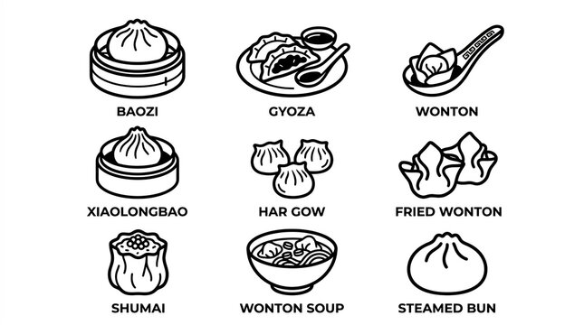 Dim sum variety icon set with dumpling and baozi
