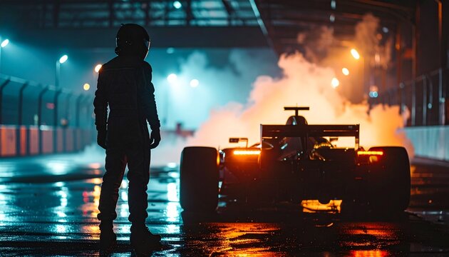 A person stands next to a racing car on a wet track at night with smoke.