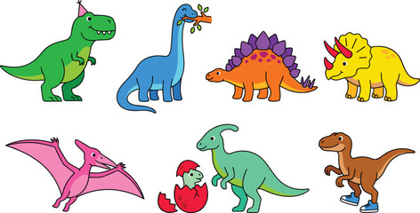 Cute Dinosaur Cartoon Character Vector Icon Set Featuring Funny T-Rex Brachiosaurus Stegosaurus Triceratops Pterodactyl Parasaurolophus and Velociraptor Mascots © Sufea