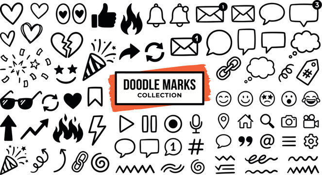 Social media doodle icon set for app interface design, content creation, branding kits, and digital marketing graphics
