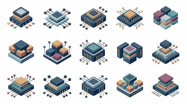 Set of isometric computer processors and microchips with connecting lines and nodes.
