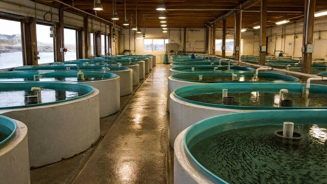 A coastal hatchery with rows of water tanks containing tiny fish fry in a clean, organized facility.