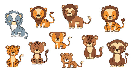 Fototapeta premium Adorable cartoon safari animals and big cats sticker set.
