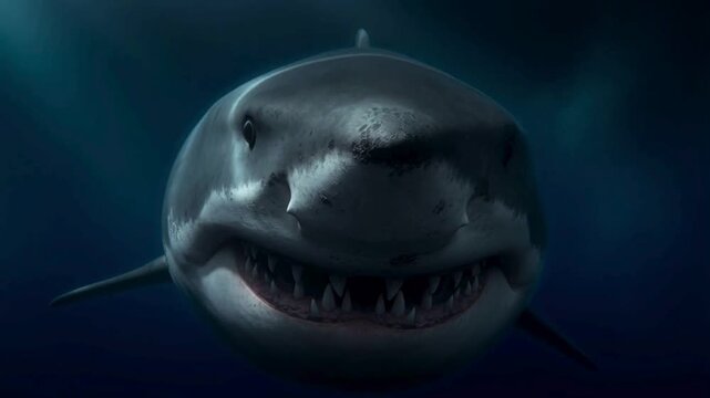 A great white shark is seen from the front, its mouth slightly open, revealing rows of sharp, serrated teeth.
The shark's dark eyes stare straight ahead, creating an intimidating and alert impression.