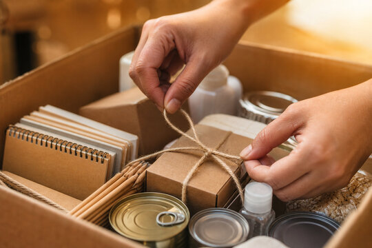 Close-up of hands tying twine around a small cardboard gift box inside a donation or care package with notebooks, pencils, cans, and bottles.
