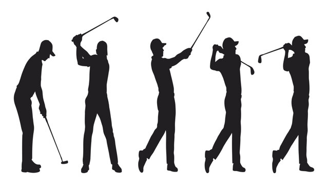Golfers display various stages of a swing motion in a series of black silhouettes isolated on a white background.