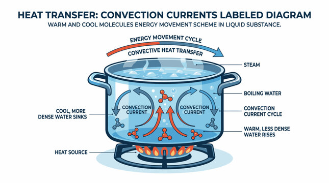 Heat Transfer Convection Currents Labeled Diagram for Educational Use.