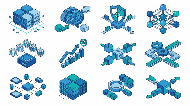 Set of isometric icons representing data, technology, and artificial intelligence concepts.