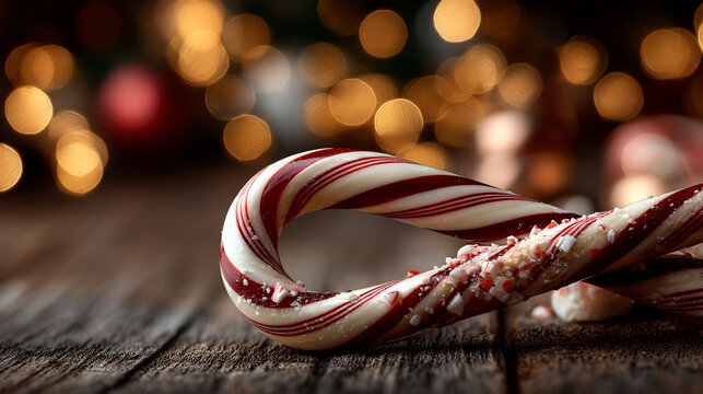 A single red and white striped candy cane on rustic wooden table with bokeh lights
