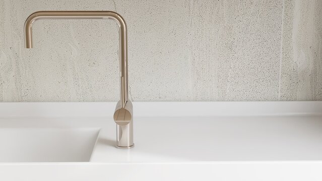 Minimal, luxury white quartz bathroom vanity counter with gold chrome gooseneck faucet in sunlight on white stone tile wall for luxury beauty, cosmetic, skincare, toiletries product background 3D