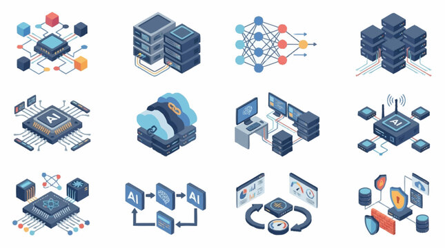 Collection of isometric icons representing technology, artificial intelligence, and data processing concepts.