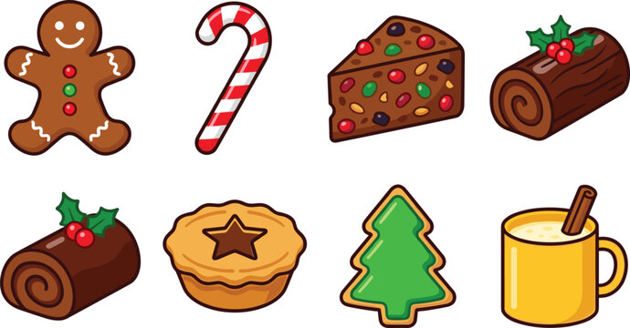 Christmas Food and Holiday Desserts Vector Icon Set Featuring Gingerbread Man Candy Cane Fruitcake Yule Log Mince Pie and Christmas Tree Cookie