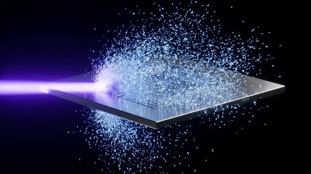 金属表面に光パルスが衝突し発光粒子が爆発的に放出される光電効果のアニメーション