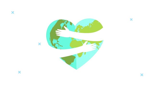 Earth globe shaped like a heart being hugged by white human hands on a white background.