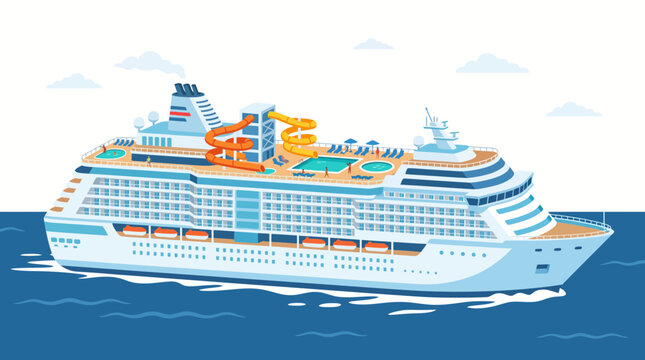Luxury Cruise Ship with Water Slides Sailing on Calm Blue Ocean