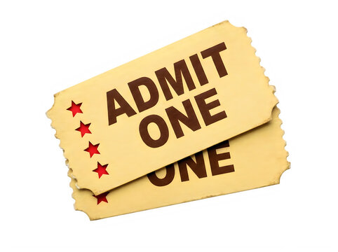 Two vintage paper tickets with admit one text isolated on transparent background