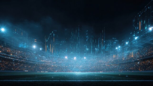 Scene shows a brightly lit football stadium with floating analytics charts and probability indicators designed for a betting concept in sports.
