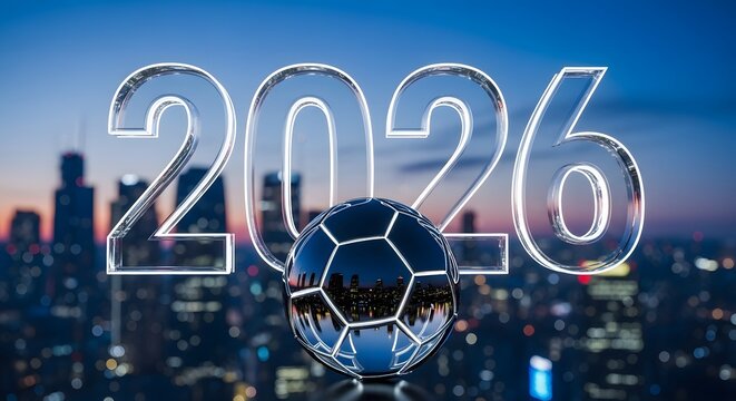 Soccer ball reflecting a cityscape with the year 2026 in illuminated numerals