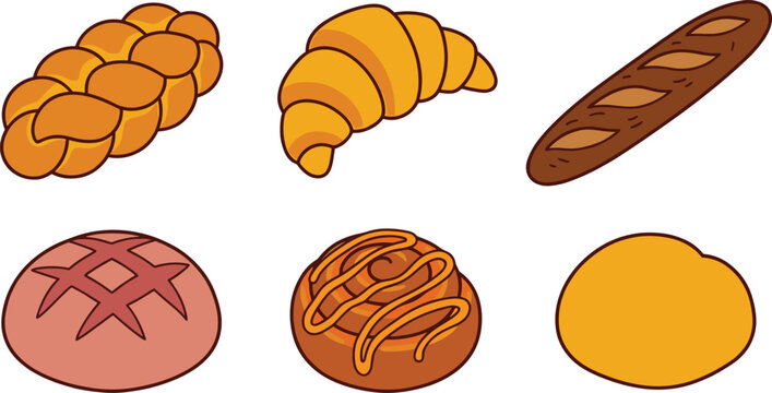 Bakery and Fresh Bread Vector Icon Set Featuring Challah Croissant Baguette Cinnamon Roll Bun and Loaf for Cafe Menu and Food Designs