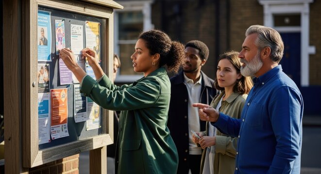 A diverse group of neighbors gathers outside to examine a public community notice board and share information in a residential neighborhood