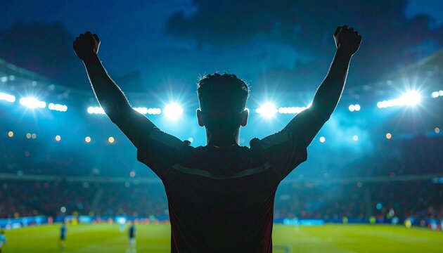 Man celebrating in a sports stadium.