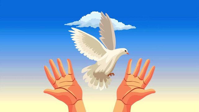 Flying dove soaring into the blue sky from two open human hands as a symbol of pure freedom.