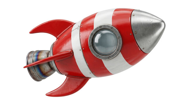 Retro red and white striped rocket ship with metallic details and portal window isolated on transparent background.