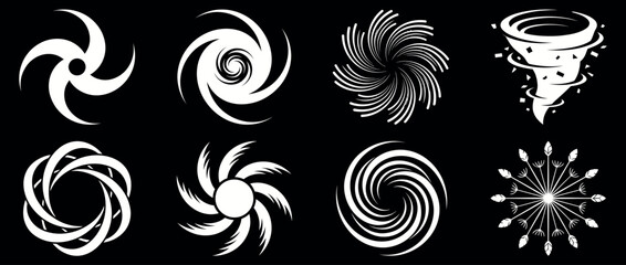 Fototapeta premium Spiral Vortex Swirl and Tornado Silhouette Icon Set on Dark Background for Motion Energy and Design Use