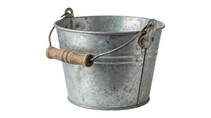 Rustic metal bucket with wooden handle standing alone isolated on transparent background object. © Isolated_png