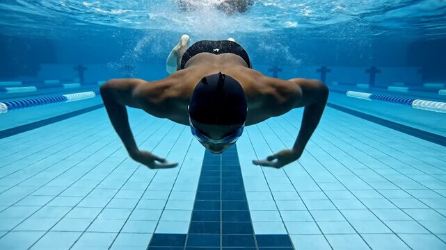 First-Person POV of Male Athlete Performing Breaststroke Pullout Underwater in Olympic Swimming Pool