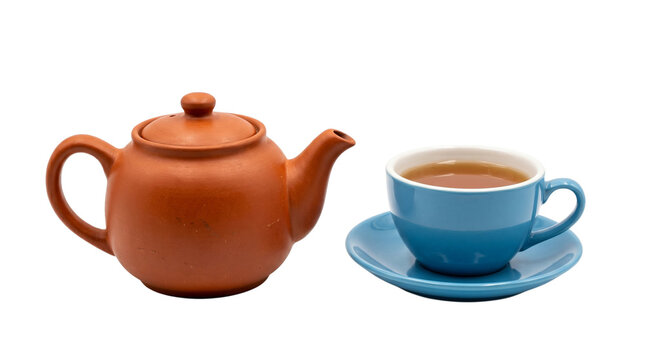 Clay teapot and a blue cup of tea isolated on transparent background