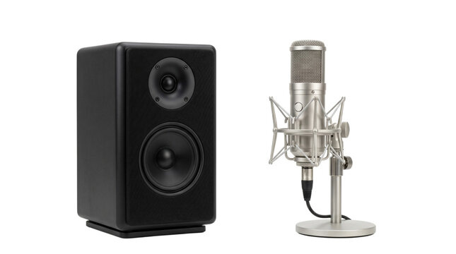 Studio monitor speaker and professional condenser microphone isolated on transparent background