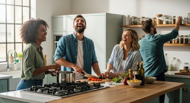 A happy diverse group of friends enjoying a lighthearted culinary session while preparing a healthy homemade meal together in a bright kitchen